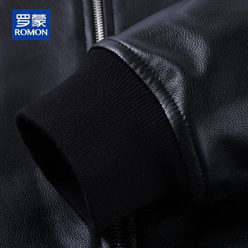 ROMON Men's Genuine Leather Baseball Collar Jacket