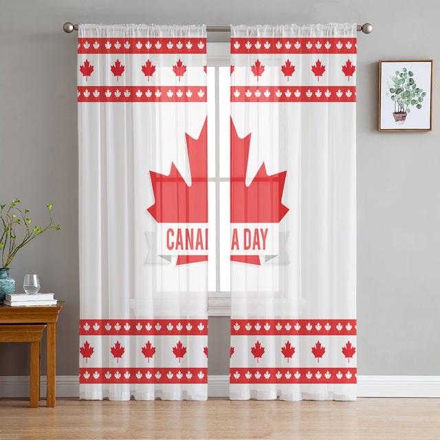 Happy Canada Day Streifen-Ahornblatt-Tüll-Voile-Vorhänge für Schlafzimmer, Fenstervorhang für Wohnzimmer, transparente Vorhänge, Organza-Vorhänge