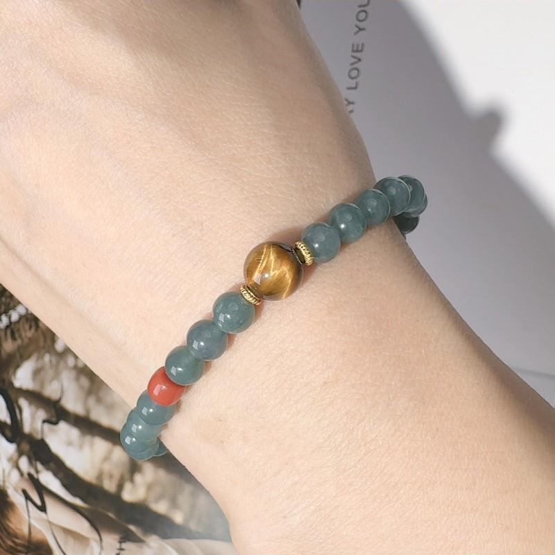 Womens Natural Jade Blue Water Bracelet Handmade Delicate Beaded Jewelry