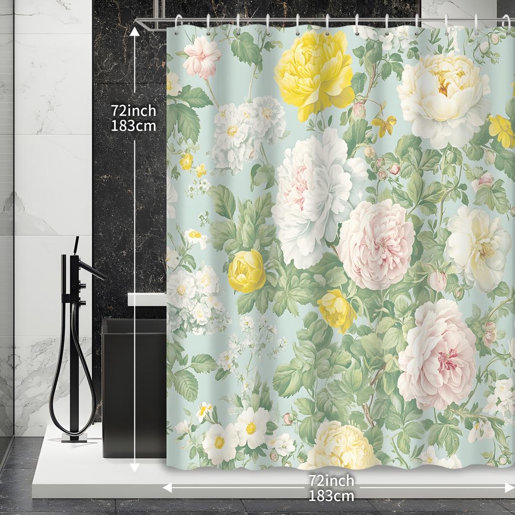 Watercolor Peony Curtain - Vintage Spring Theme, Waterproof, Hooks Included, Bath Decor