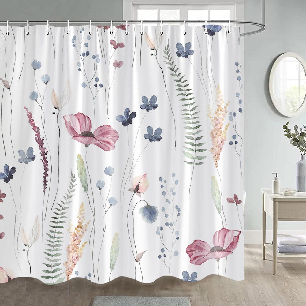 Floral Shower Curtains Watercolour Blue Purple Flowers Butterfly Leaves Plant Bath Curtain Polyester Bathroom Decor with Hooks