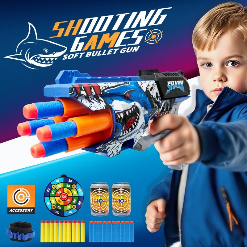 4-S Shark Graffiti Toy Blaster Set with Target EVA Soft Foam Darts Wrist Strap Interactive Shooting Game for Kids Boys Gift