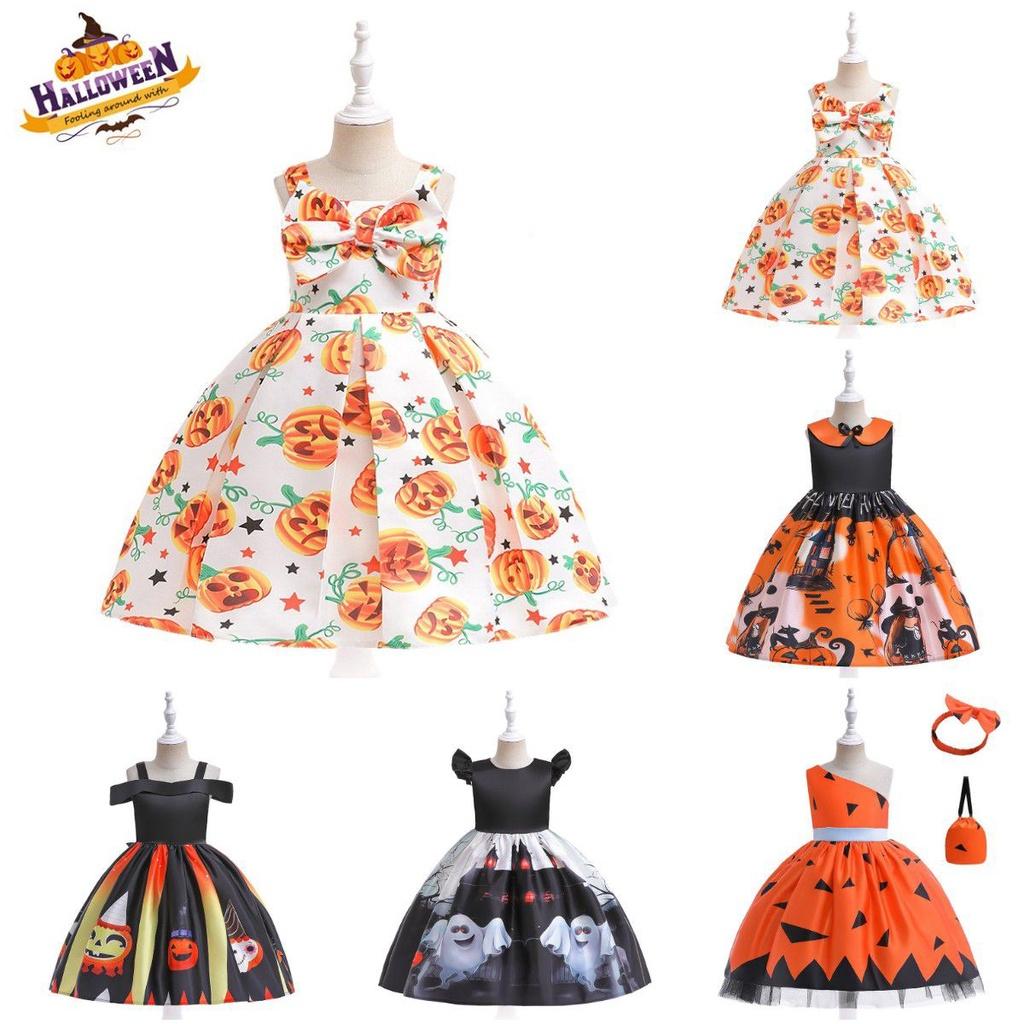 Halloween Children's Cosplay Costume With Ghost Pumpkin Design And Handbag