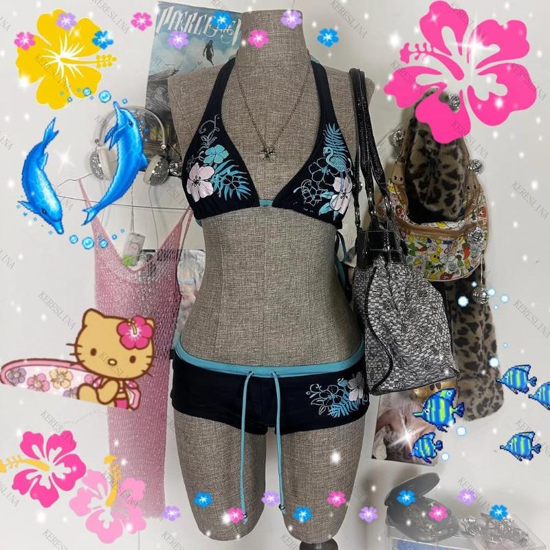 Vintage Flower Print Cutie Set Bikini 2000s Swimsuit Sexy Women Bathing Fashion Halter Strap Swimwear High Street Beach Female