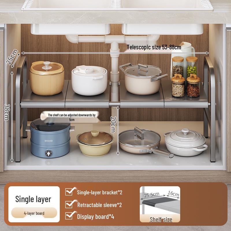 Rozšiřitelný kuchyňský úložný regál: Podumyvadlová police na organizér na nádobí