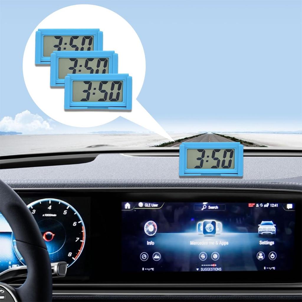 3PCS Mini Car Dashboard Digital Clocks, Small Self-Adhesive Bracket Vehicle Air Vent Electronic Watch with Clear LCD Screen Time & Day Display,