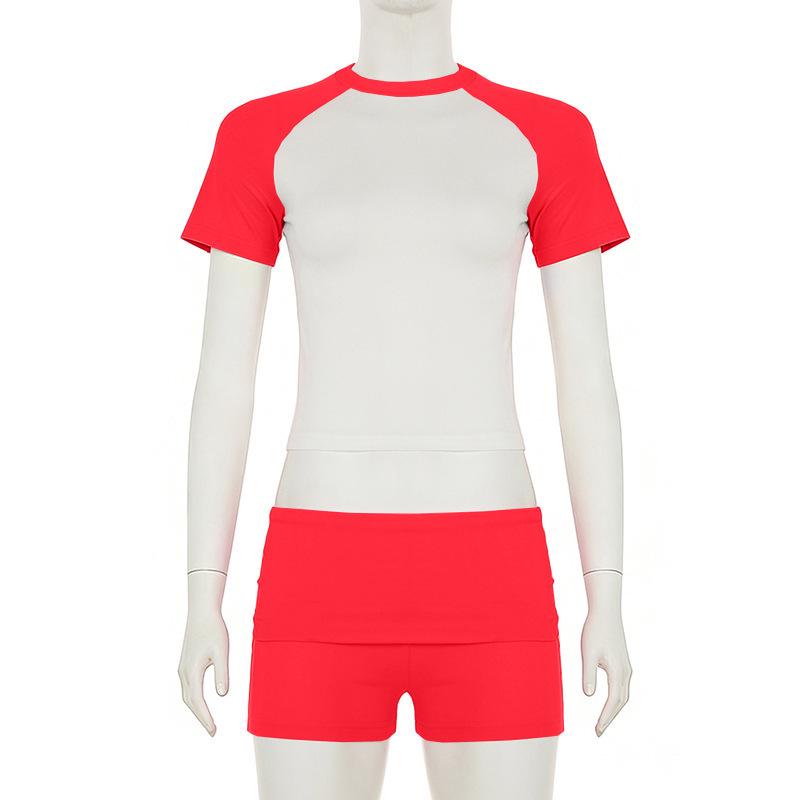 European-American Raglan Color-Block Sports Suit: Short-Sleeve Top, Solid Shorts & Headband