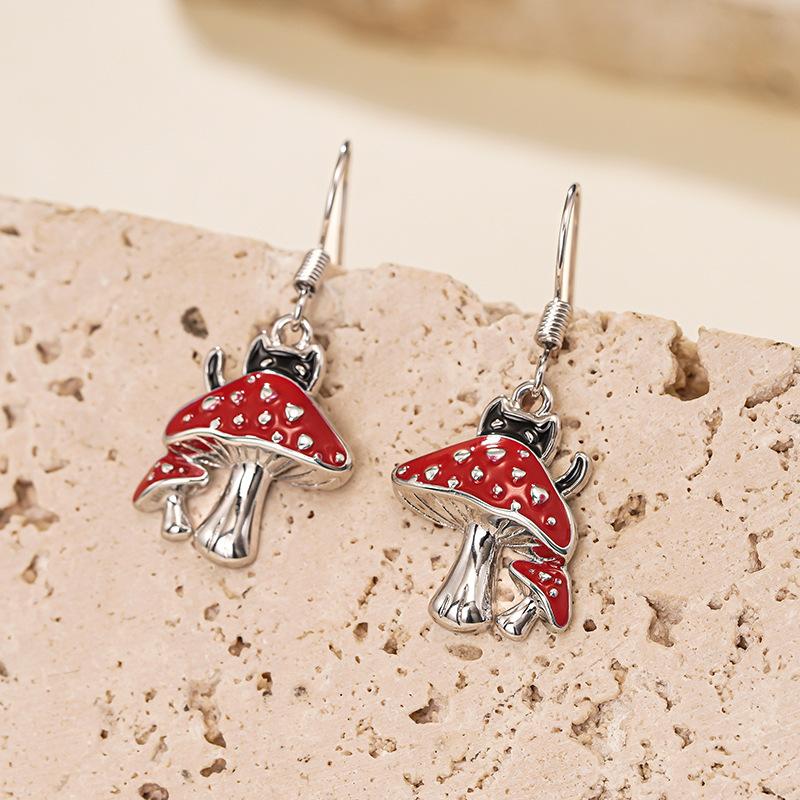 Silver Plated Enamel Mushroom & Black Cat Drop Earrings, Whimsical Forest Dangle Earrings for Women