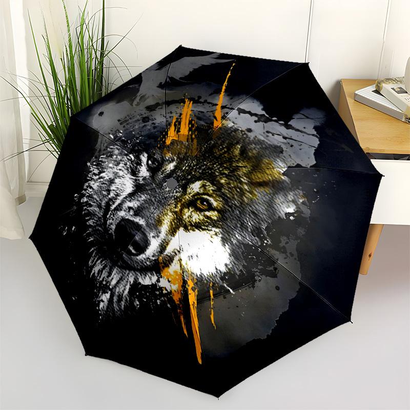 1pc Wolf Fashionable Automatic Opening/Closing Folding Umbrella with 8 Bones, Windproof Portable, Daily Use010