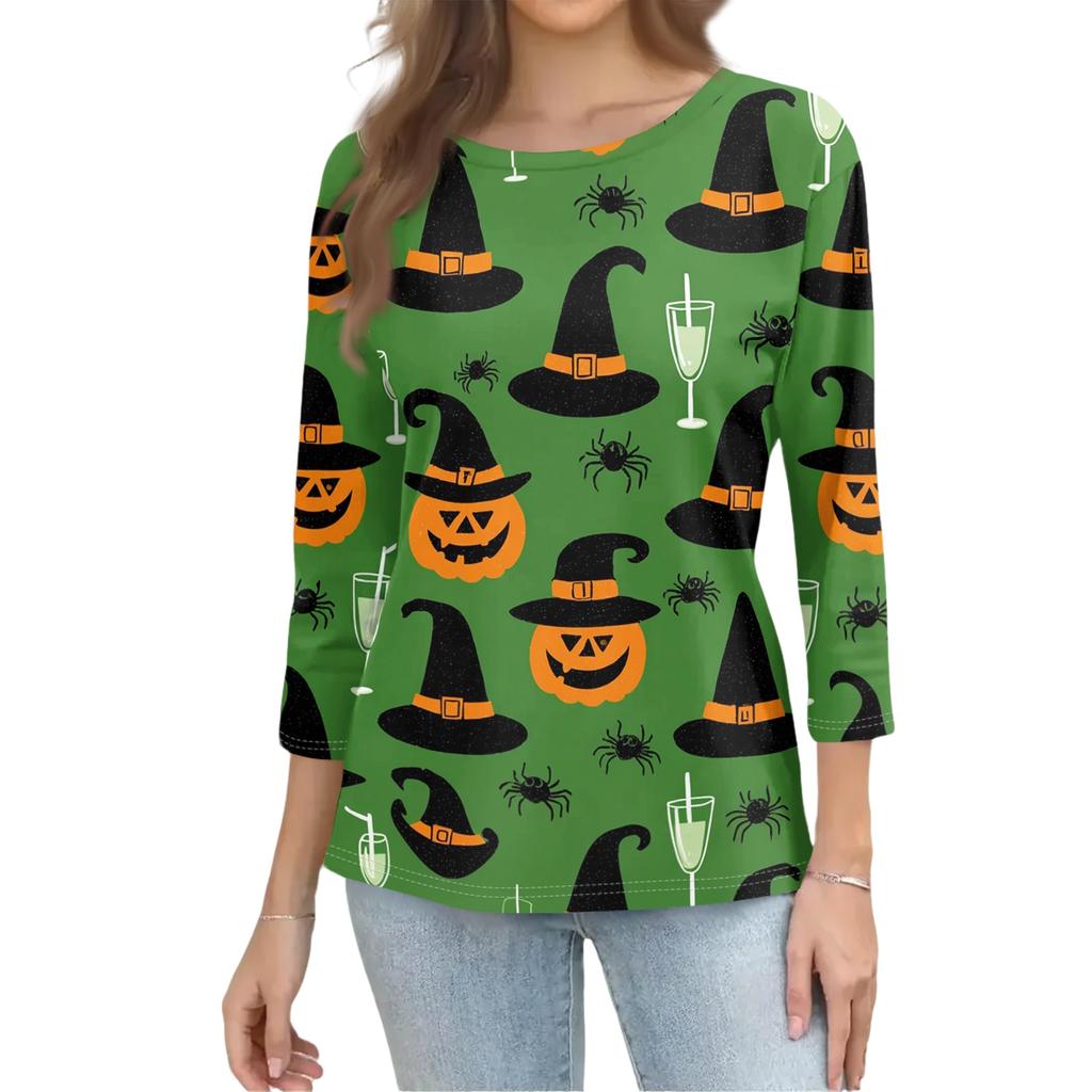 Women's Casual Halloween Print Top Three Quarter Sleeve Crew Neck Shirt Lightweight Comfortable Fit Seasonal Design