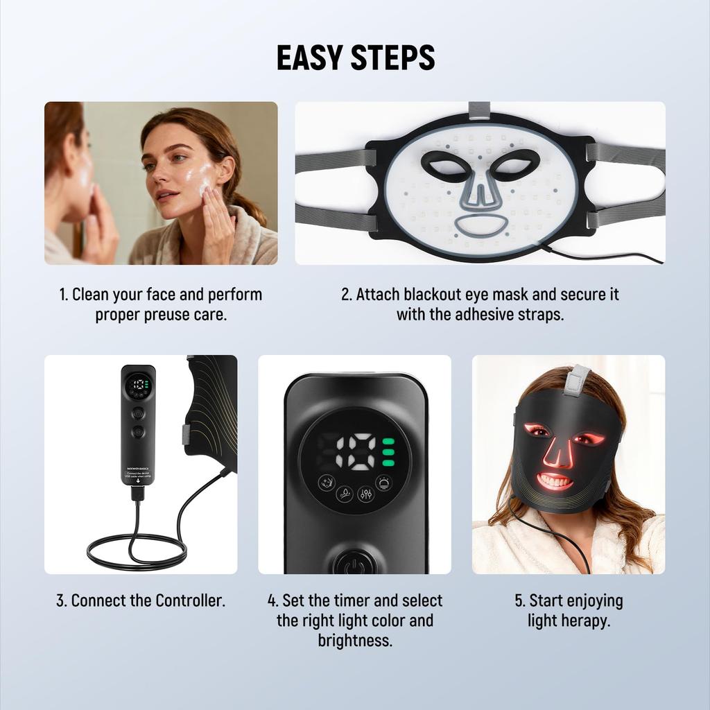 NEEWER Basics LED Face Mask 7 Color Red and Blue LED Light Panel 2000mAh Rechargeable Silicone Beauty Mask for Face and Home Beauty Light, Modes,