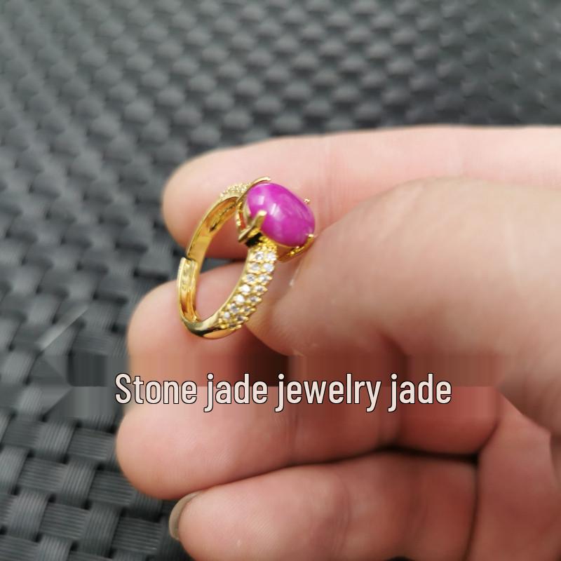 Women's Adjustable Pink Jade & Peach Blossom Cabochon Ring with Imitation Sugilite & Inlaid Diamonds
