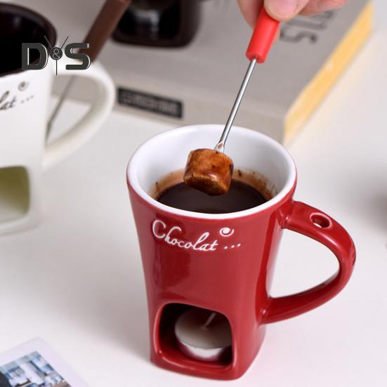 Schokoladenfondue-Becher, 130 ml, Keramik-Schokoladenfondue-Kaffeetasse mit Gabeln, Schmelzbecher für Schokolade, Käse, Butter, leicht zu reinigen, vielseitiger Schmelzbecher