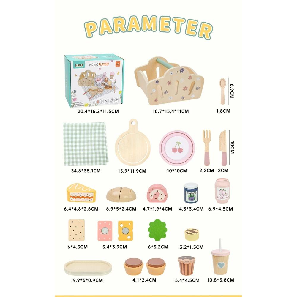 Picnic Basket Hand-held Basket Pretend Play Toys Children's Wooden Simulation Tableware Set Girls' Toys Desserts and Cakes