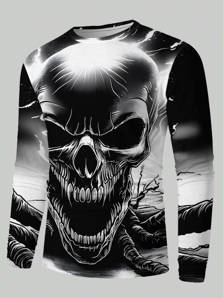 Men Halloween Lightning Skull 3D Print Long Sleeve T‑Shirt Crew Neck Casual Streetwear Pullover Tops