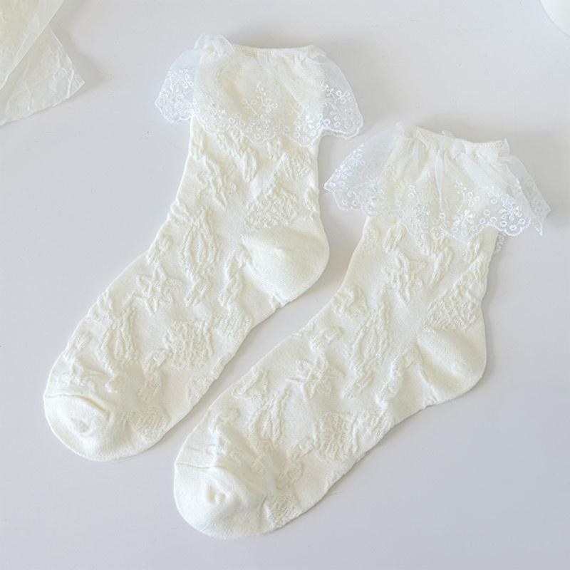 JK Girl Ruffle Lace Trim Cotton Ankle Socks Jacquard Knit Frilly Socks for Women