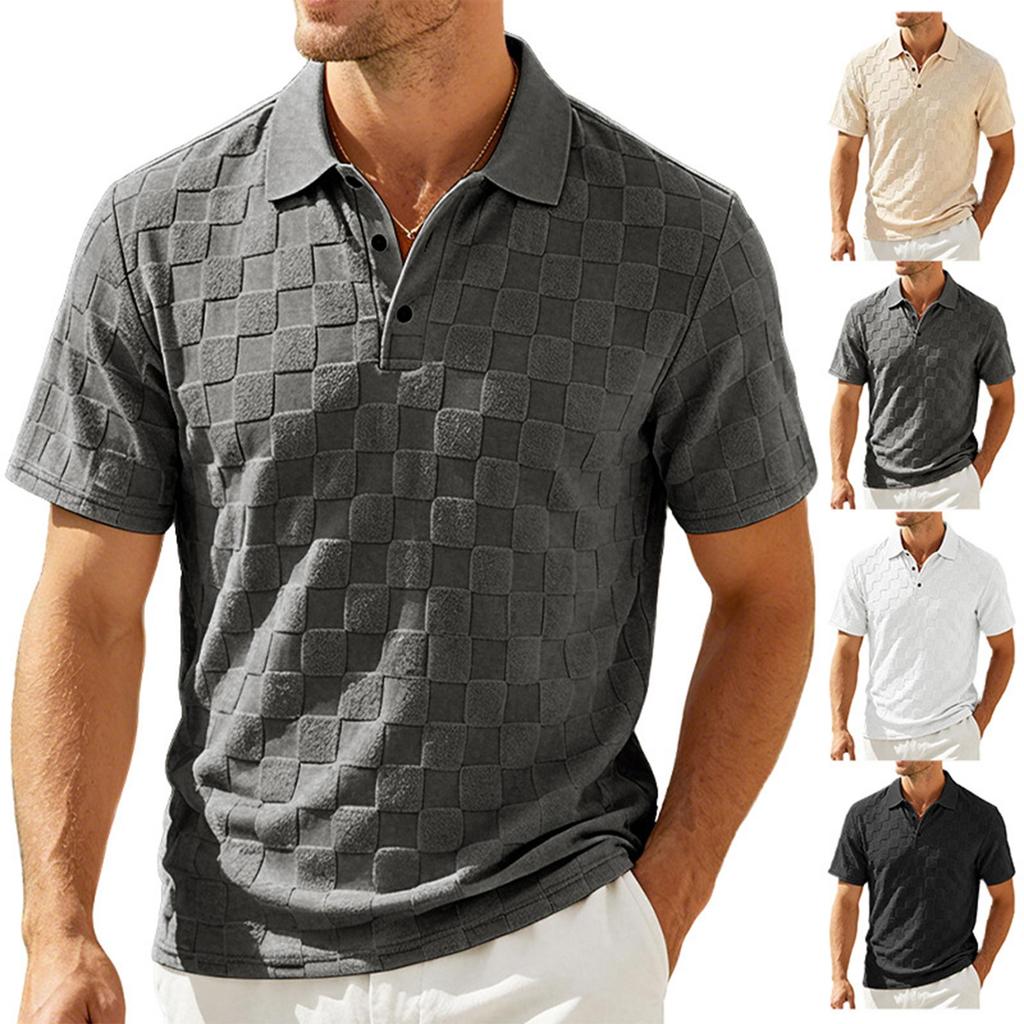 Men's Summer Jacquard Polo Shirt Heavyweight Casual Short Sleeve T Shirt with Checkered Pattern and Classic Collar Design