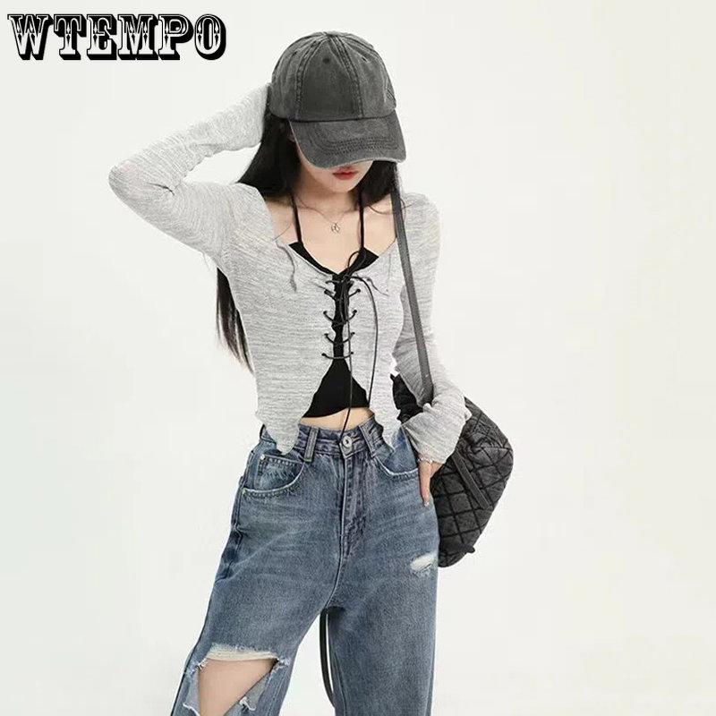 Costum coreean de vară Set 2 bucăți cu bretele casual Camis negru + mânecă lungă Topuri decupate solide Bluză casual șic subțire