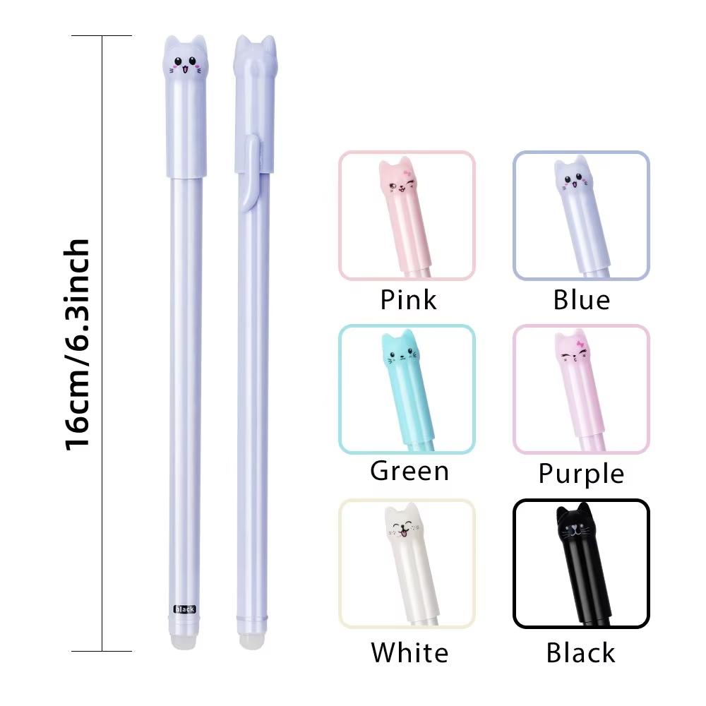 4/6Pack Cat-Themed Erasable Gel Pens 2 Colors Refill Set 0.5mm Fine Point Heat Sensitive with Rubber Grip Assorted Styles