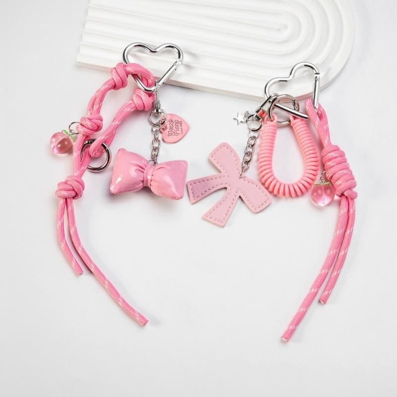 Braided Rope Bag Charm Lovely Heart Keychain Handbag Pendant Ornaments Bows Keyrings Fashion Keyholders