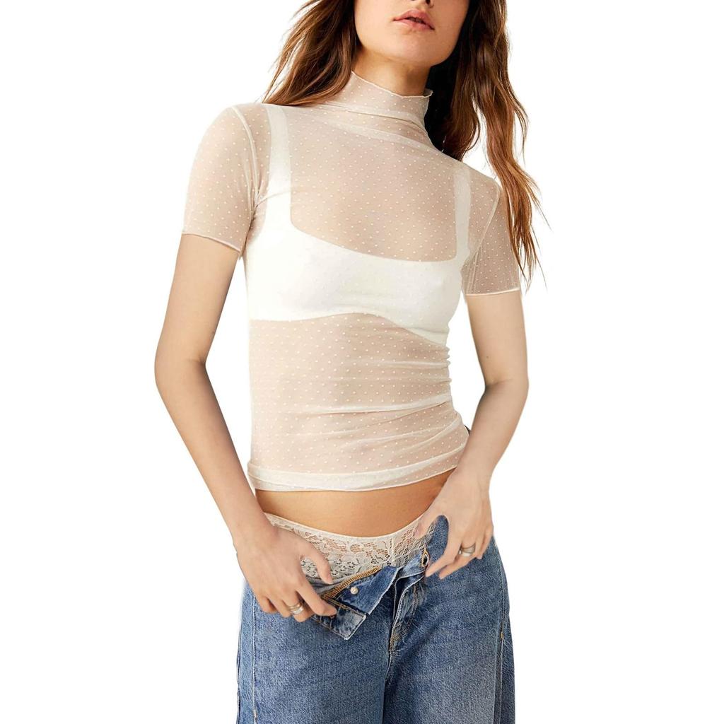 Women's Solid Color  Mesh Short Sleeved Half High Neck Base Small Shirt Top Small Shirt Top