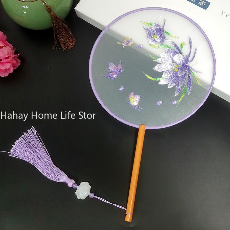Fashion Chinese Style Wooden Handle Fan Embroidery Flower Girl Gift Portable Home Decor Hand Fans Crafts Dance Fan