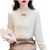 2025 Autumn/Winter Korean Bow Slimming Lace Shirt - Fleece-Lined, Long Sleeve, Versatile Women's Style
