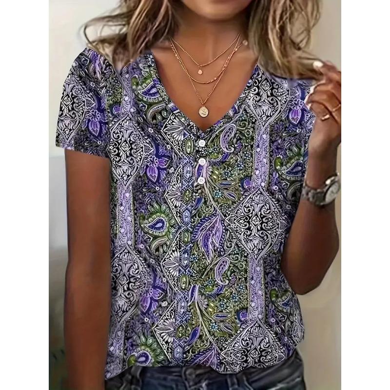 Fashionable Ethnic Style Short Sleeved V-neck Women's T-shirts