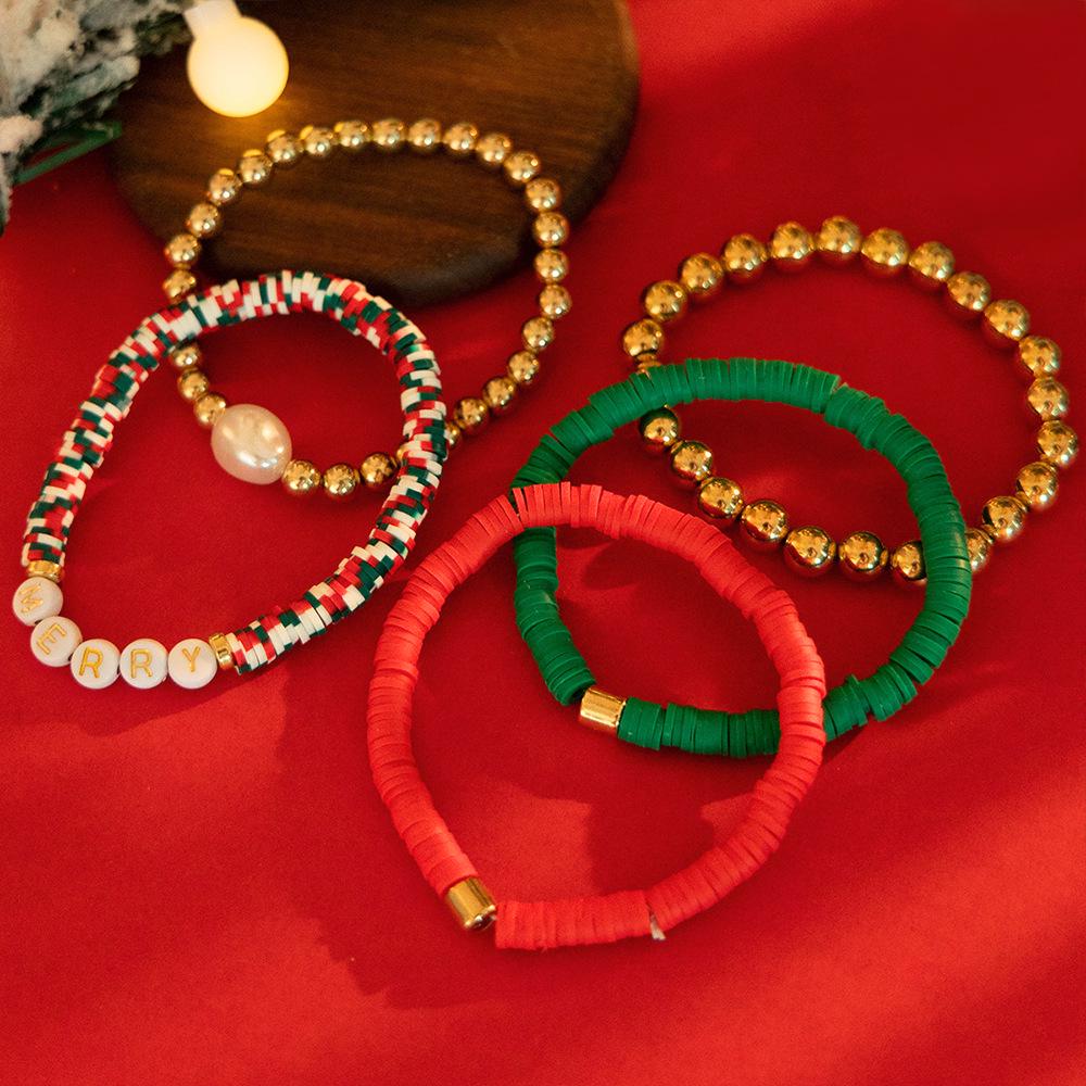 Handmade Christmas Polymer Clay Beaded Bracelet Set – European & American Holiday Bangle with Christmas Letter Charms
