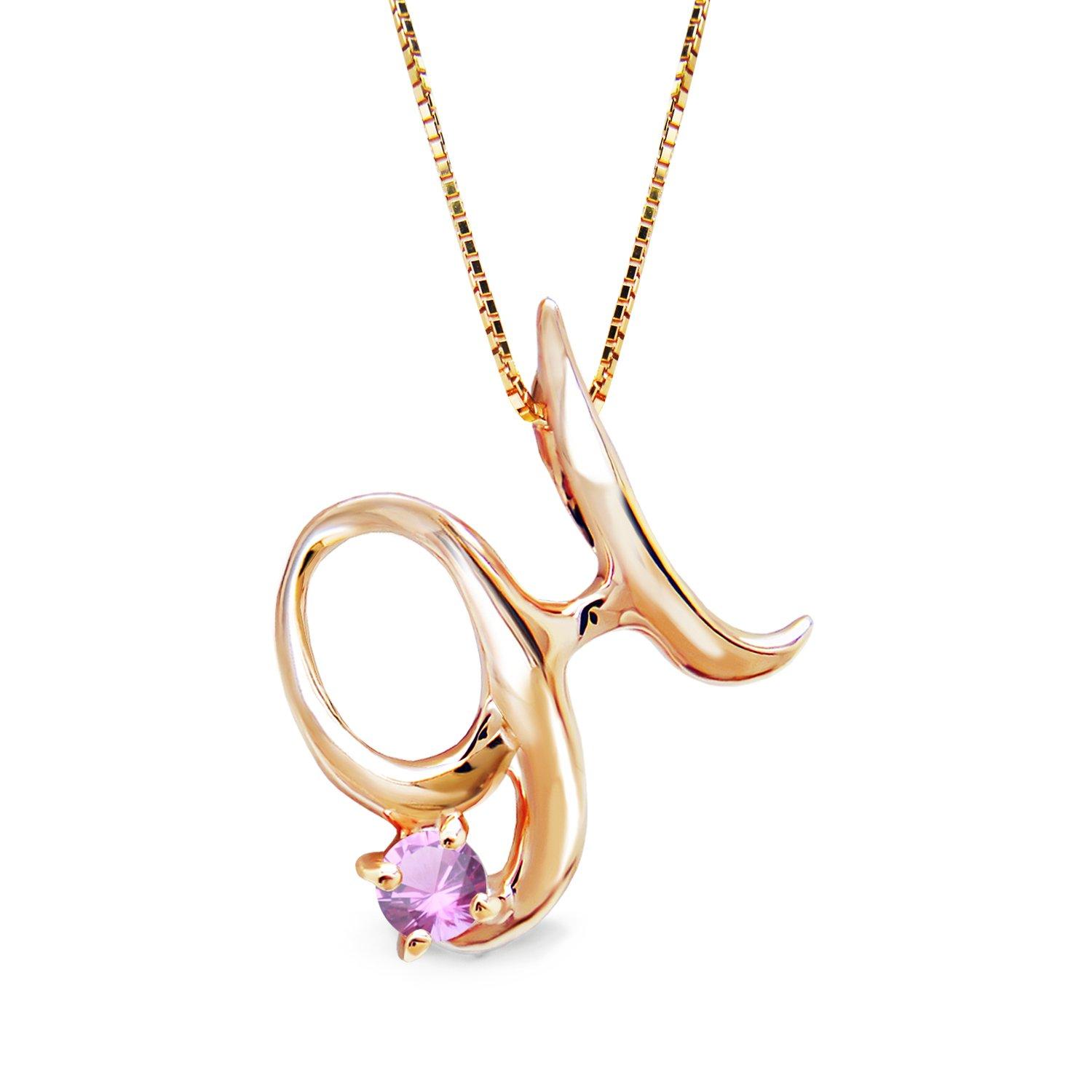 

miwahouseki Initial H Pink Gold Alphabet Necklace with Selectable Birthstone [Miwahouseki] (February Amethyst)