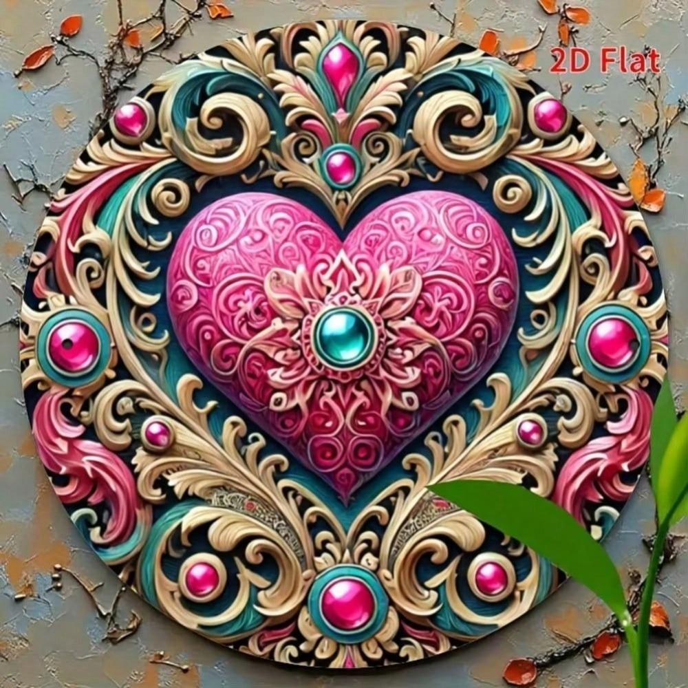2D Flat Metal Tin Sign Valentine's Day Decor Happy Valentine's Day with Floral Wreath Pink Hearts Golden Swirls Durable Iron Wall Art Home Living Room