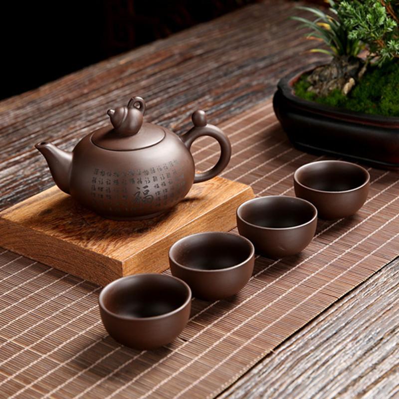 Antique Purple Clay Tea Set A Pot of Four Cups Suit Handmade Teaware Chinese Raw Ore Zisha Tea Set Home Tea Pot and Cup Set