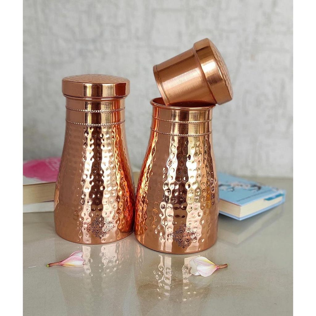 Pure Copper Bedroom Water Bottle with Inbuilt Glass, Hammered Shine Design, Drinkware and Storage Purpose, 1 Litre (Pack of 2)