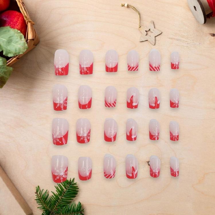 Festive Christmas Press On Nails Set 24Pcs Medium Square Flase Nail Snowflakes Artificial Nail for Easy Holiday Nail Art
