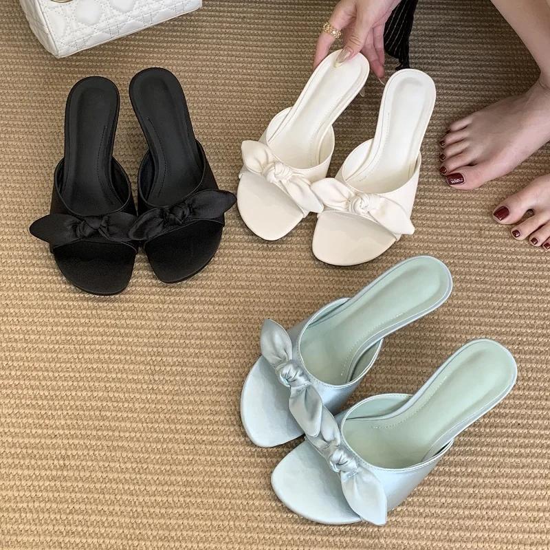 Fashion Luxury Satin Butterfly-knot Women Slippers Sexy Peep Toe Thin Heels Sandals Summer Comfort Slide Sandals Elegant Designer Shoes