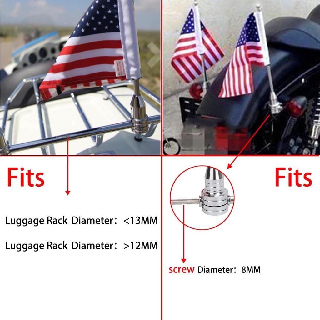 2Pcs 6" X 10" Motorcycle Flags American Flag For Harley Davidson Yamaha Honda Goldwing CB VTX CBR Chrome Stainless Steel Motorcycle Flagpole Mount