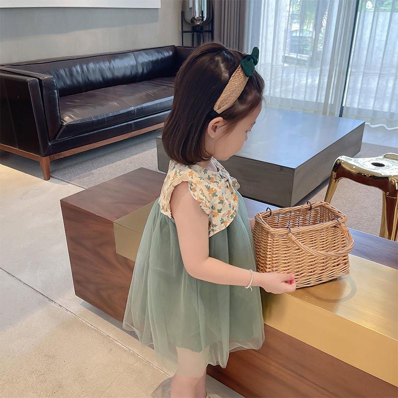 Children Dress Girls Summer Dress Korean Princess Dress Mesh Dress Sleeveless Loose Floral Bow Ruffle Dress
