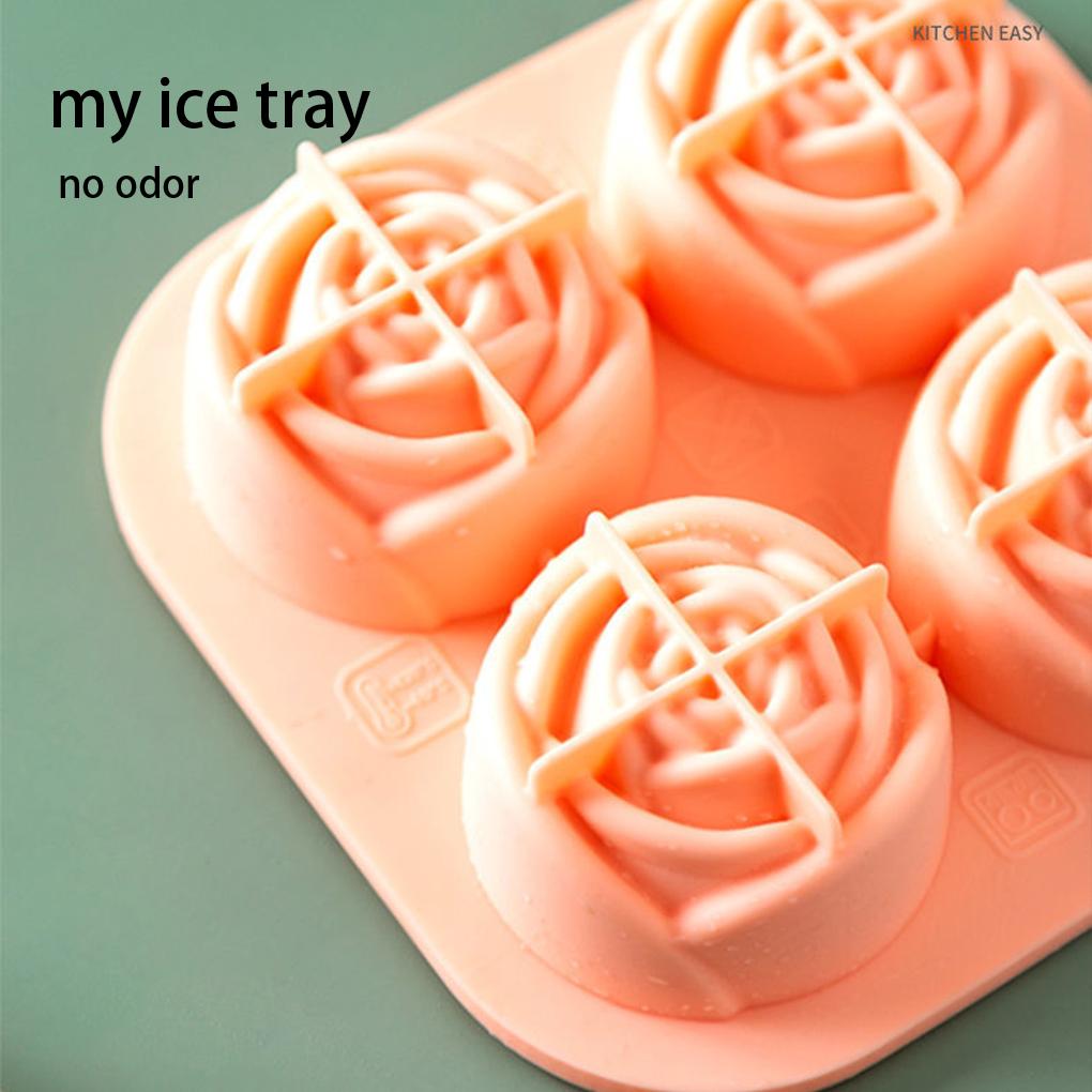 4 Holes Ice Cube Mold Silicone Rose Shape Freezing Beverage Jelly Chocolate Tray Reusable Hotel DIY Mould with Lid