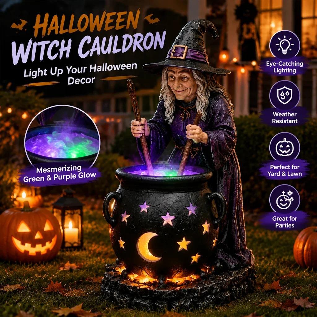 Pryskyřičný kotel čarodějnice Zahradní kolík Světlo Halloweenová výzdoba dvorku Výřez Měsíc Hvězda Voděodolný Teplá záře