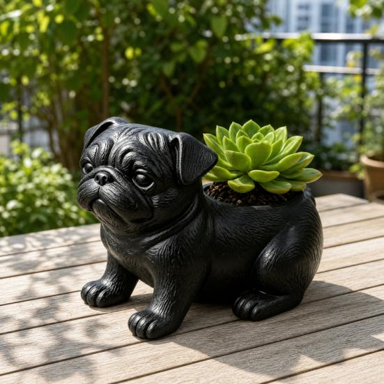 3D Printed Pug Figurine Planter, Realistic Dog Statue with Back Planting Slot, Matte Black Decor for Succulents Mini Plants Herbs, Multi-use Storage