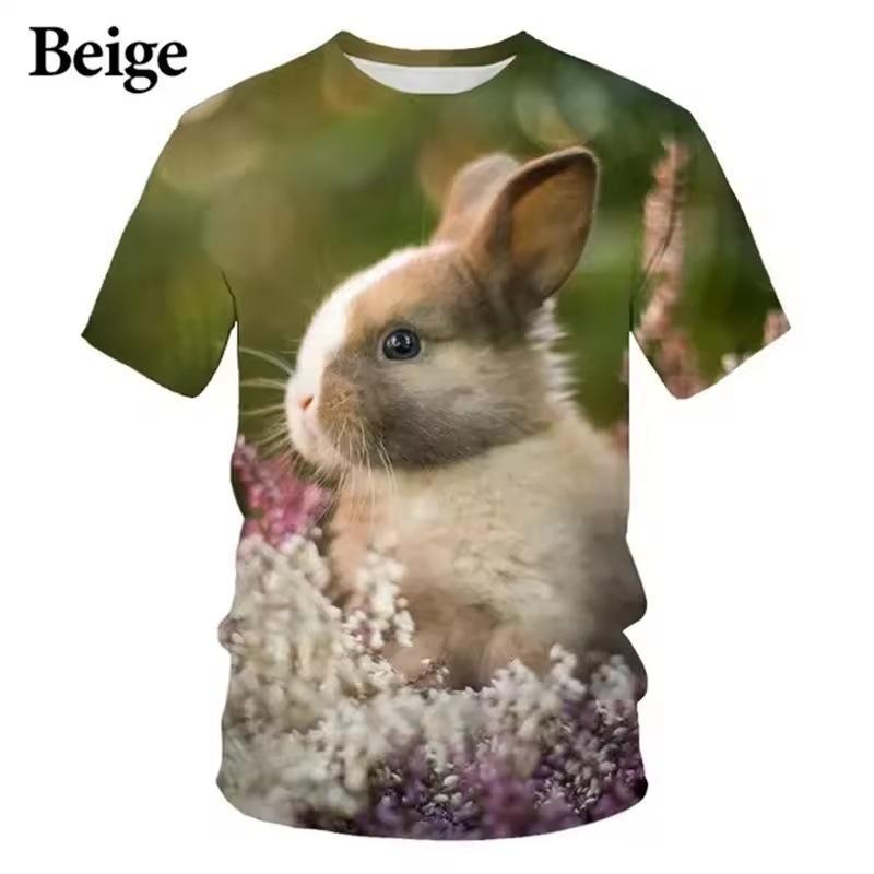 Summer Round Neck 3D Cute Rabbit Print Top Fashionable Casual Short Sleeved Children's Girl and Boy Unisex T-shirts