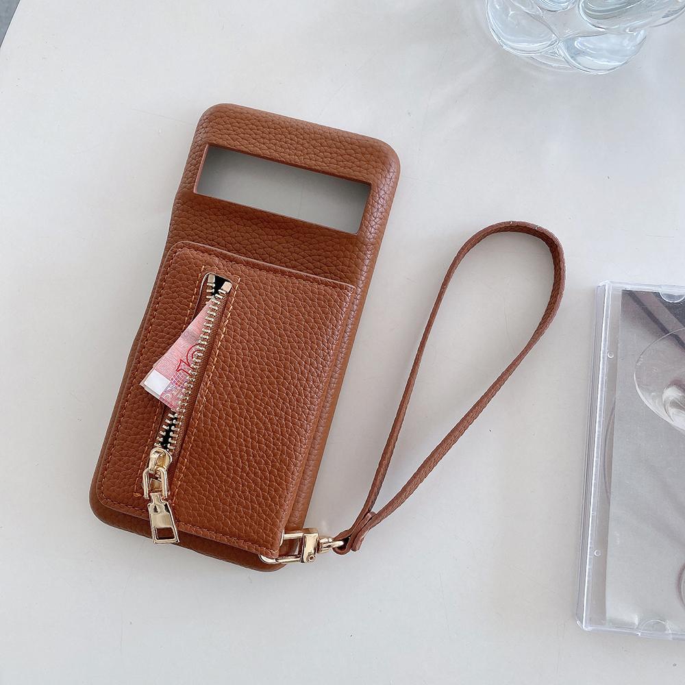 For Google Pixel 8 Pro Case Card Slots Kickstand PU Leather Back Cover with Zipper Pocket,Wrist Strap