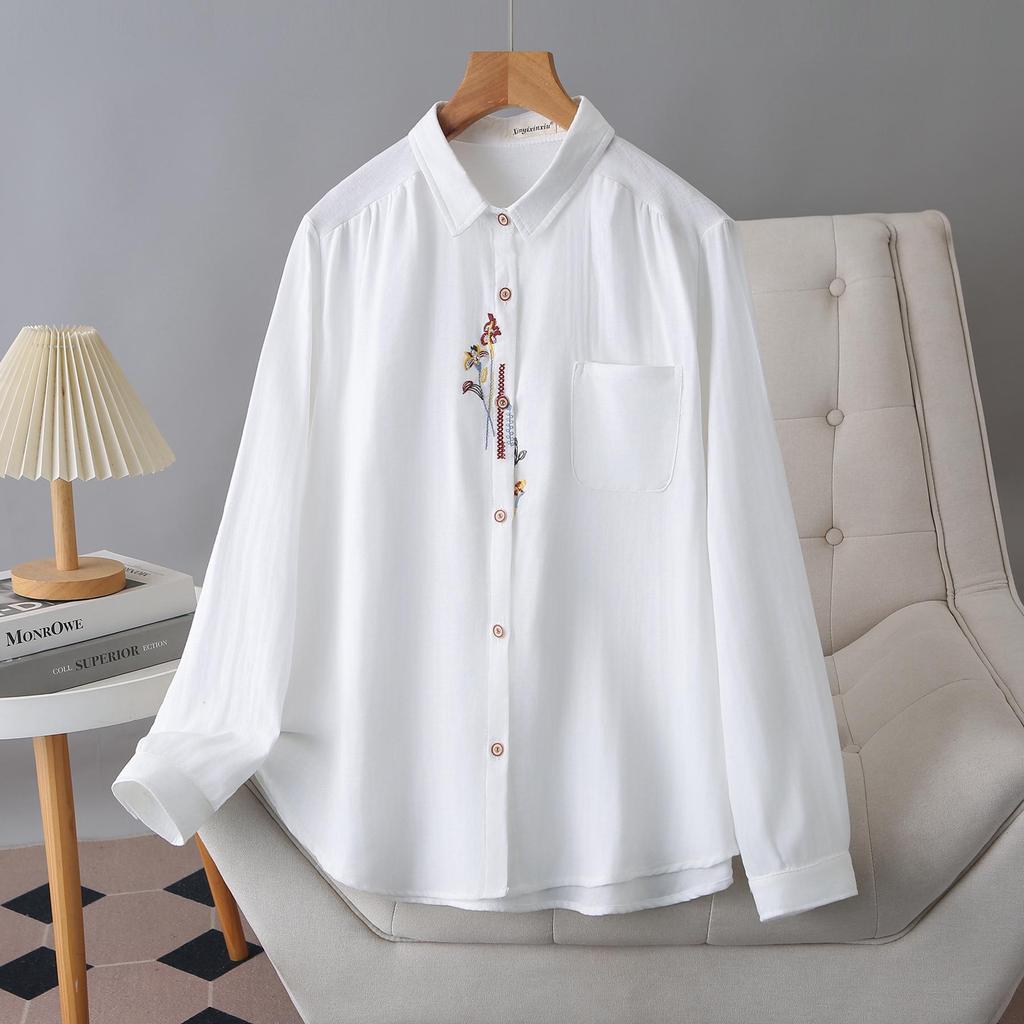 2026 Spring Plus Size Women's Long Sleeve Embroidered Cotton Cardigan Shirt for Curvy Women