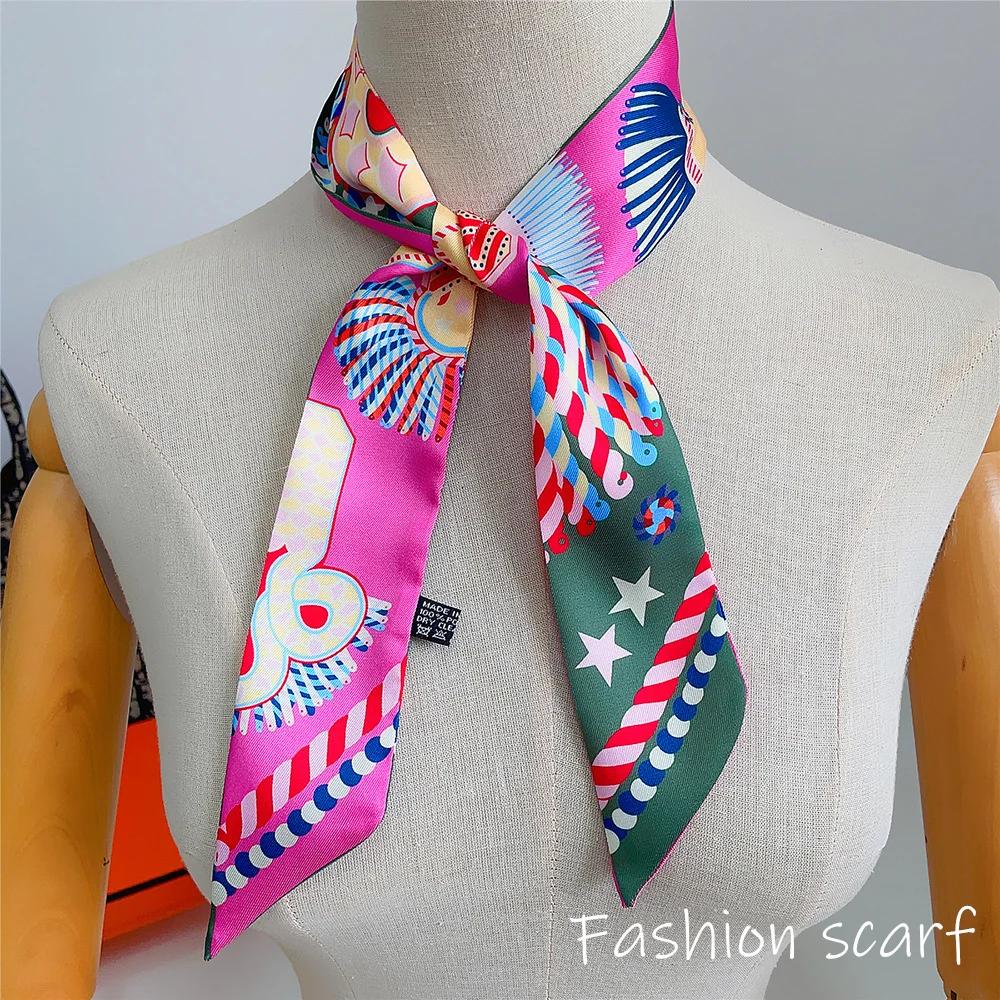 Korean Spring New Chain Buckle Decoration Ribbon Small Scarf Women Twill Tied Bag Handle Ribbon Hair Band Souvenir Small Scarf