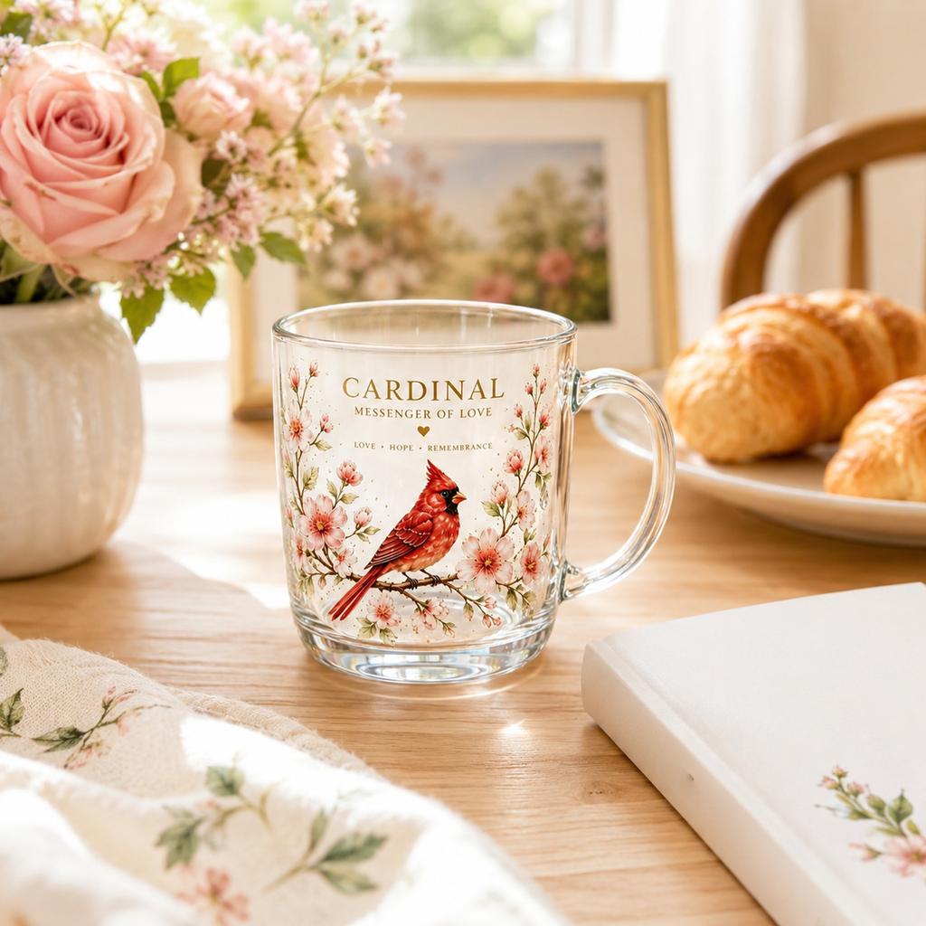 Glass Mug with Cardinal Bird Floral Design Clear Glass Coffee Cup for Hot and Cold Beverages Durable Handle and Printed Illustration
