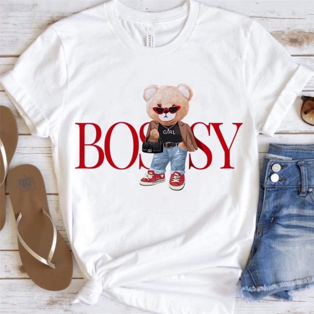 Bossy Bear with Sunglasses Women's Short Sleeved Tee Summer Casual Printed Top Cute Cartoon Graphic Ladies Fashion T-Shirt