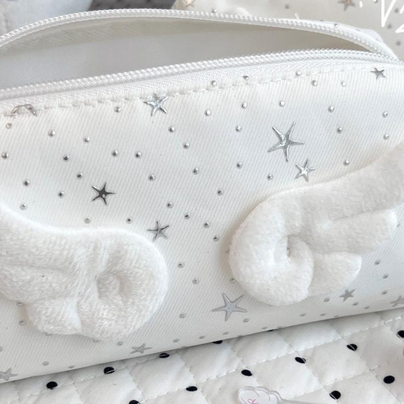 Wing Applique Pencil Case for Students, Soft Fabric Pen Case with Wide Opening for Daily Class and Desk Use