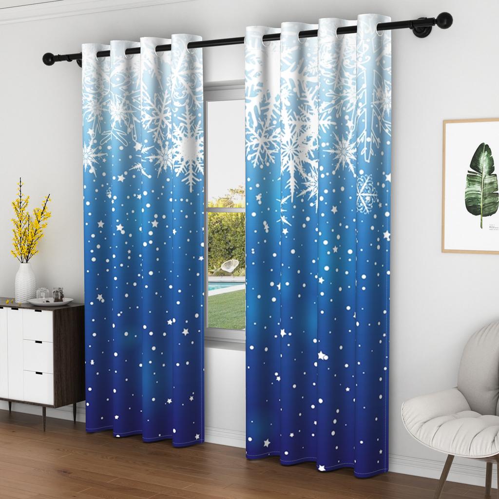 2pcs Dreamy Snow Pattern Blackout Curtains Blue Sky Winter Snow Scenery Curtains For Bedroom Simple Style Home Interior Curtains