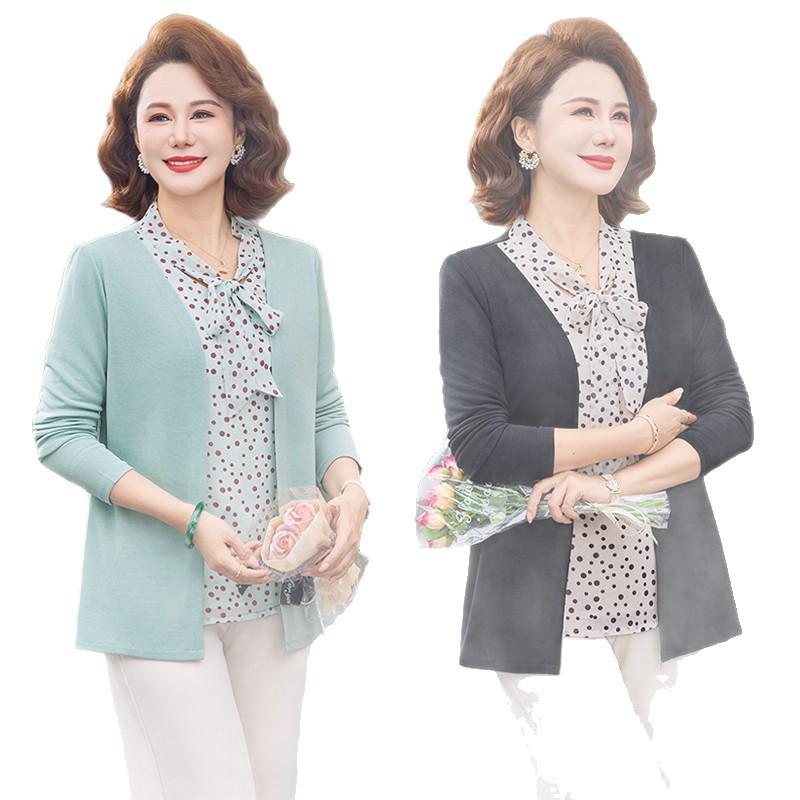 Spring Fashion Knitted Two-Piece Long-Sleeve Shirt for Middle-Aged Women