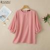 ZANZEA Womens Summer Casual Round Neck 3/4 Sleeve Loose Blouse